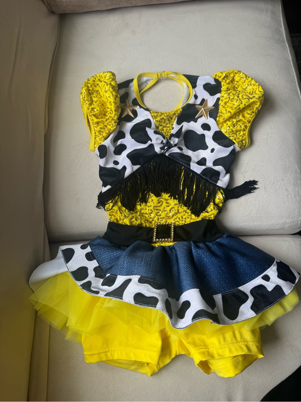 Balera Yellow Cowgirl Costume with Denim-Look Skirt. Based on Toy Story Disney.